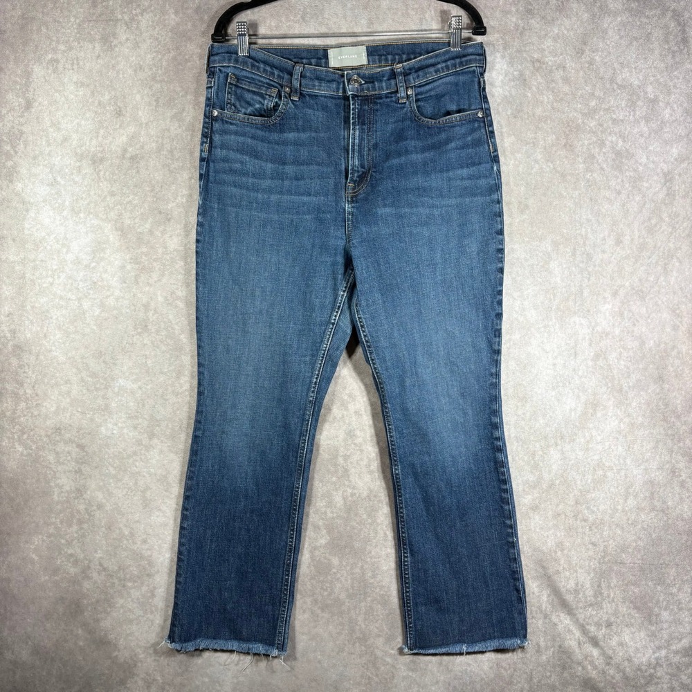 Everlane Jeans Womens Size 32 Blue Kick Flare Raw Hem High Rise Stretch Denim
